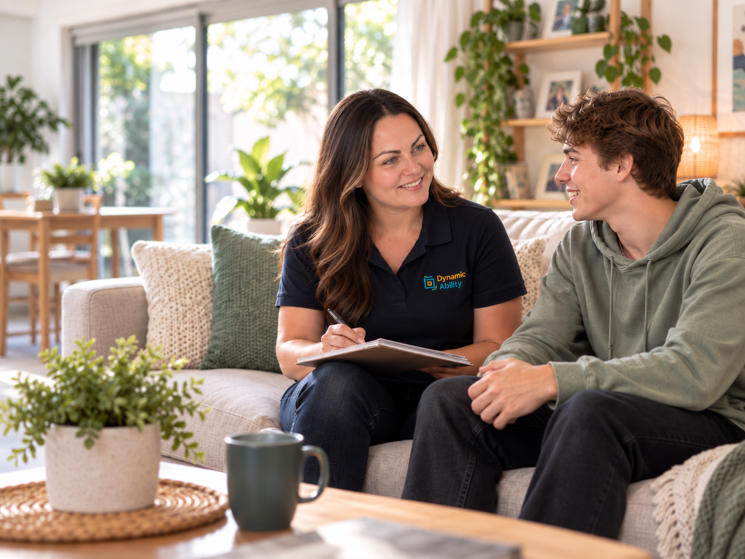 A Dynamic Ability practitioner and participant sharing a relaxed conversation at home